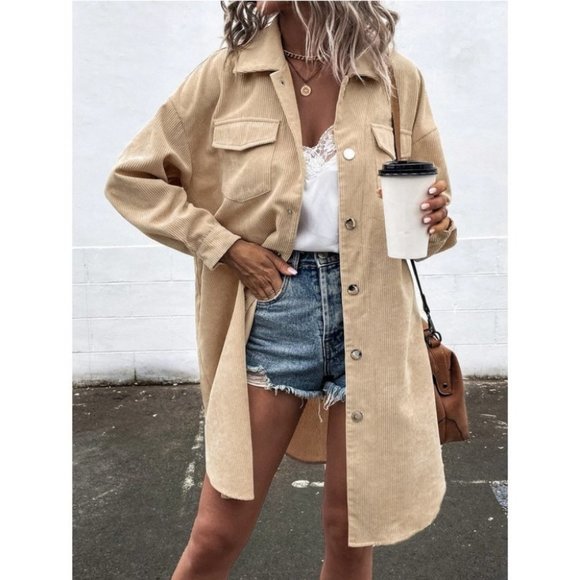 Corduroy Snap Button Flap Pocket Curved Hem Coat Khaki - Picture 1 of 6